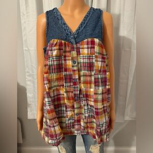 Cool Young Threads size S M blue denim red plaid sleeveless button up shirt new